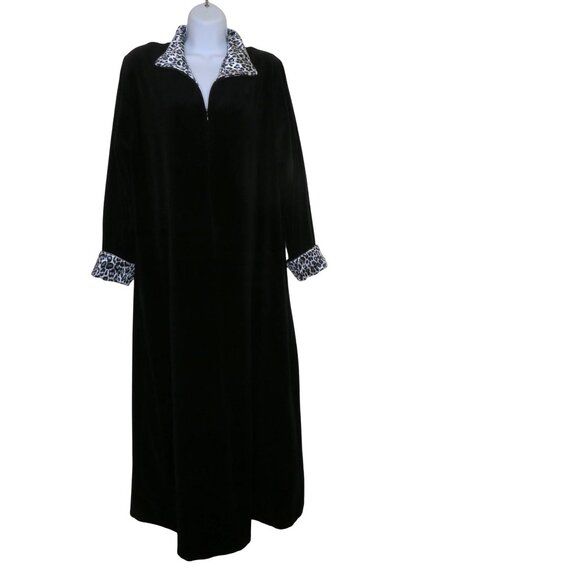 Vintage Neiman Marcus Black Velour Long Robe Leopard Print Collar Cuffs Zip L - Picture 8 of 12